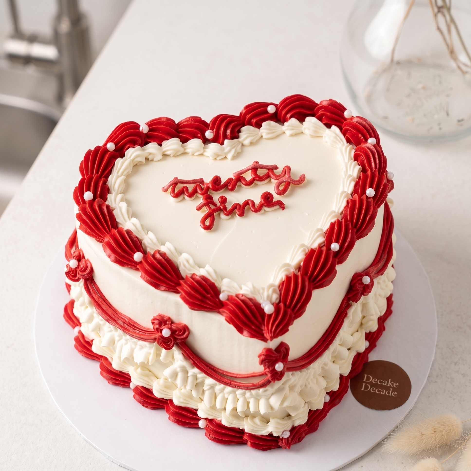Heart-shaped cake with red and white icing on a white surface.